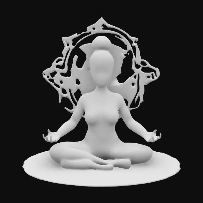 3D model for Highly detailed 3D model of a meditating woman in a lotus pose. She has glowing energy radiating from her chest in the form of a vibrant, radiant mandala. Surround her with an ethereal, mystical aura and intricate geometric patterns in the background. Her hair is tied in a high bun, and the lighting should emphasize the colorful energy waves emanating from her body. Use a futuristic and spiritual aesthetic with a balance of soft and bright neon colors., Ultra Realistic