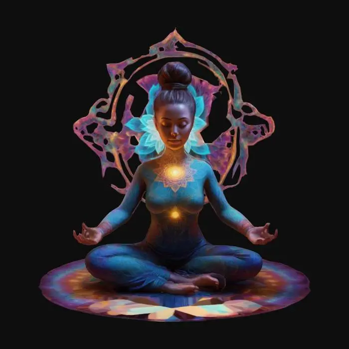 3D model for Highly detailed 3D model of a meditating woman in a lotus pose. She has glowing energy radiating from her chest in the form of a vibrant, radiant mandala. Surround her with an ethereal, mystical aura and intricate geometric patterns in the background. Her hair is tied in a high bun, and the lighting should emphasize the colorful energy waves emanating from her body. Use a futuristic and spiritual aesthetic with a balance of soft and bright neon colors., Ultra Realistic