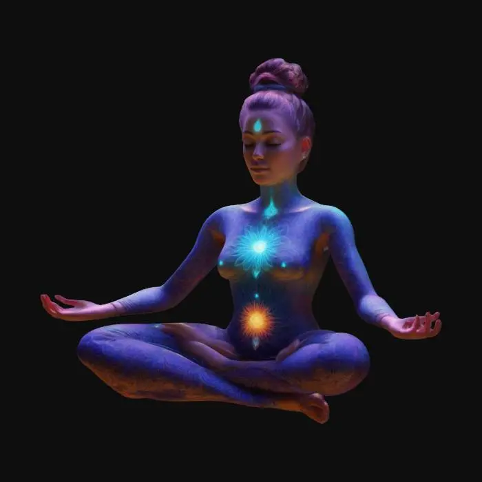 3D model for Highly detailed 3D model of a meditating woman in a lotus pose. She has glowing energy radiating from her chest in the form of a vibrant, radiant mandala. Surround her with an ethereal, mystical aura and intricate geometric patterns in the background. Her hair is tied in a high bun, and the lighting should emphasize the colorful energy waves emanating from her body. Use a futuristic and spiritual aesthetic with a balance of soft and bright neon colors., Ultra Realistic