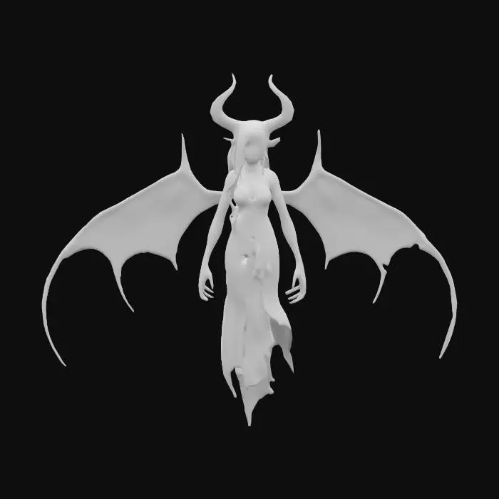 3D model for Nocnica, a Slavic night demon, depicted as a shadowy, ethereal figure with a flowing, tattered black gown that blends into the darkness. Her pale, ghostly face is partially obscured by long, disheveled hair, and her hollow eyes glow faintly red. She hovers in the air.