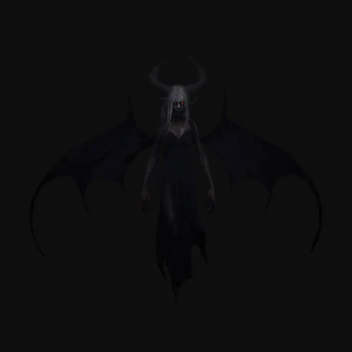 3D model for Nocnica, a Slavic night demon, depicted as a shadowy, ethereal figure with a flowing, tattered black gown that blends into the darkness. Her pale, ghostly face is partially obscured by long, disheveled hair, and her hollow eyes glow faintly red. She hovers in the air.