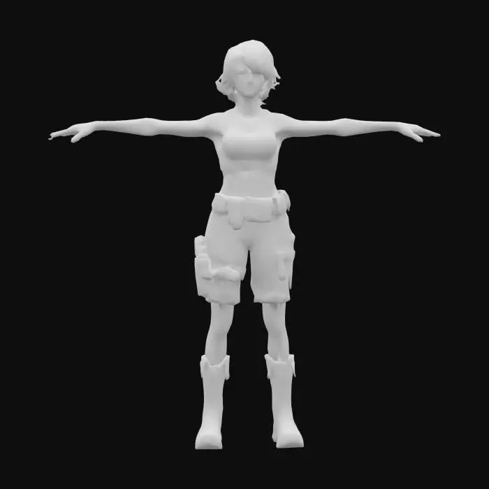 3D model for female soldier. She is wearing a loose khaki short top, camouflage cargo pants, and rugged combat boots. A pair of metal name tags hangs around her neck. Her blonde hair is slightly tousled, adding to the rugged military aesthetic. The fabric of her clothes should have detailed textures, showing wear and creases.  Focus on a realistic physique and a confident, determined expression.