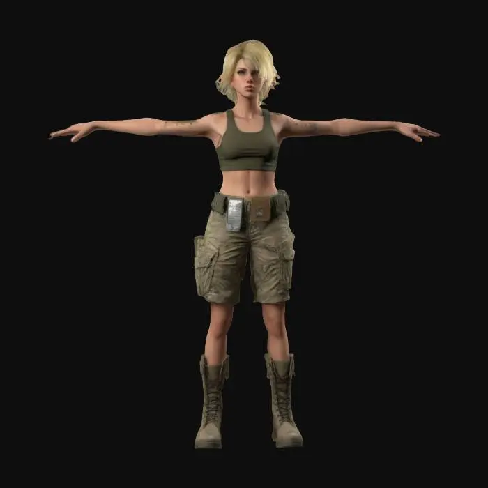 3D model for female soldier. She is wearing a loose khaki short top, camouflage cargo pants, and rugged combat boots. A pair of metal name tags hangs around her neck. Her blonde hair is slightly tousled, adding to the rugged military aesthetic. The fabric of her clothes should have detailed textures, showing wear and creases.  Focus on a realistic physique and a confident, determined expression.