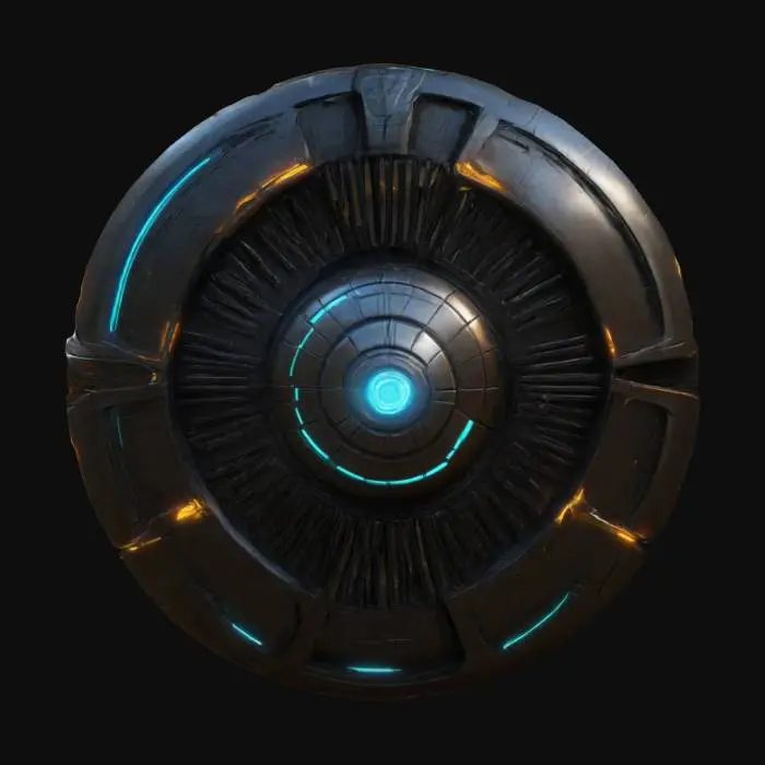 3D model for futuristic magnetic shield for the #ChronoForgeWeapon event. The shield should feature sleek, high-tech designs with glowing energy lines and the ability to deflect and capture enemy projectiles. Incorporate a reactive magnetic core that pulses with energy and intricate engravings that combine sci-fi aesthetics with a hint of ancient craftsmanship.