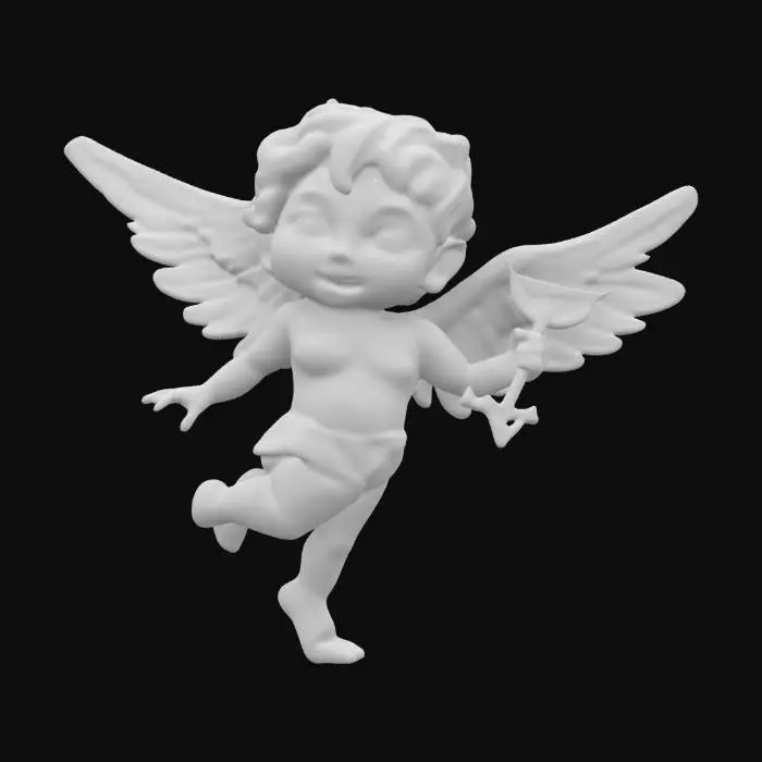 3D model for Create a 3D model of Eros (Cupid) holding a golden love arrow, hesitating before shooting. His mischievous smile suggests the unpredictable nature of love. The arrow glows with a soft golden hue, while his wings shimmer with a delicate pink tint.
#valentine