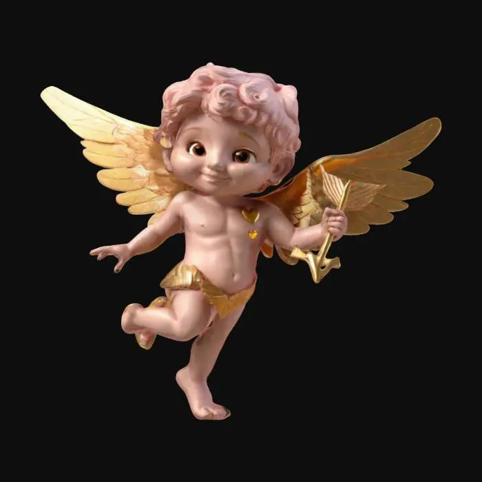 3D model for Create a 3D model of Eros (Cupid) holding a golden love arrow, hesitating before shooting. His mischievous smile suggests the unpredictable nature of love. The arrow glows with a soft golden hue, while his wings shimmer with a delicate pink tint.
#valentine