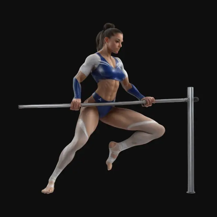 3D model for Create a high-quality 3D model of a strong female gymnast performing an L-sit straddle on parallel bars. She wears a fitted sports outfit, has a muscular and athletic build, and an intense, focused facial expression. Her arms are straight, supporting her body, with legs fully extended in a perfect split. The model should feature realistic anatomy, dynamic tension in muscles, and detailed fabric folds, capturing the grace and power of elite gymnastics., #women#