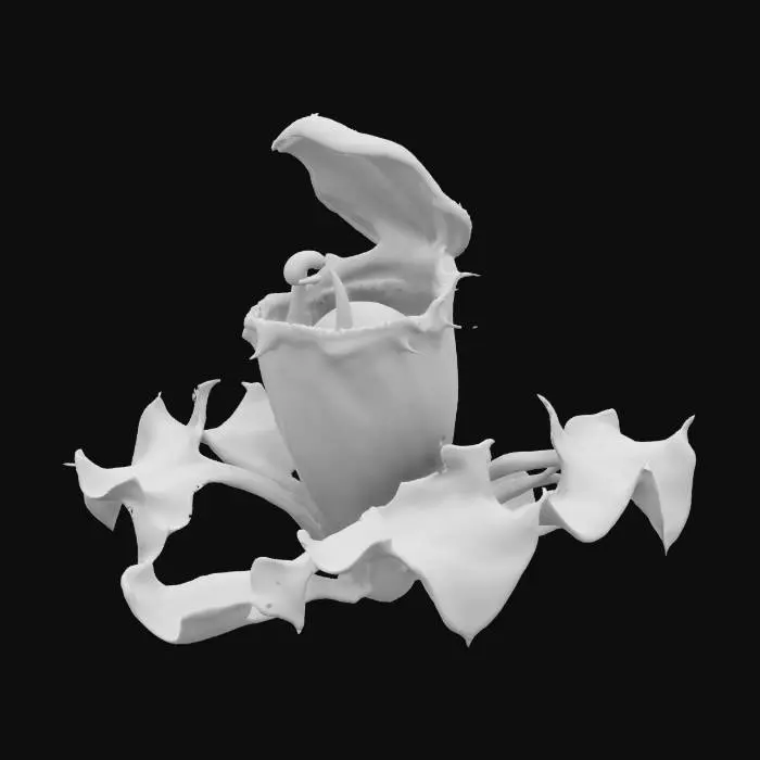 3D model for "A giant, realistic ice-adapted Venus flytrap in a frozen tundra. Its thick, pale-blue leaves are rimmed with frost, lined with sharp, translucent teeth resembling icicles. The plant exhales a faint mist from its open trap, and the surrounding snow is disturbed by signs of movement. Hyper-realistic, natural lighting, photoreal botanical texture. , #garden#