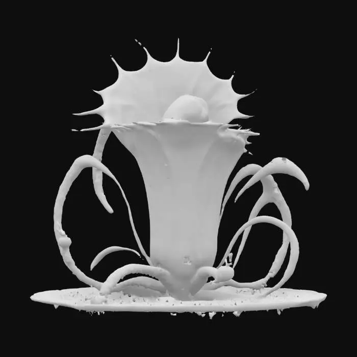 3D model for "A giant, realistic ice-adapted Venus flytrap in a frozen tundra. Its thick, pale-blue leaves are rimmed with frost, lined with sharp, translucent teeth resembling icicles. The plant exhales a faint mist from its open trap, and the surrounding snow is disturbed by signs of movement. Hyper-realistic, natural lighting, photoreal botanical texture. , #garden#