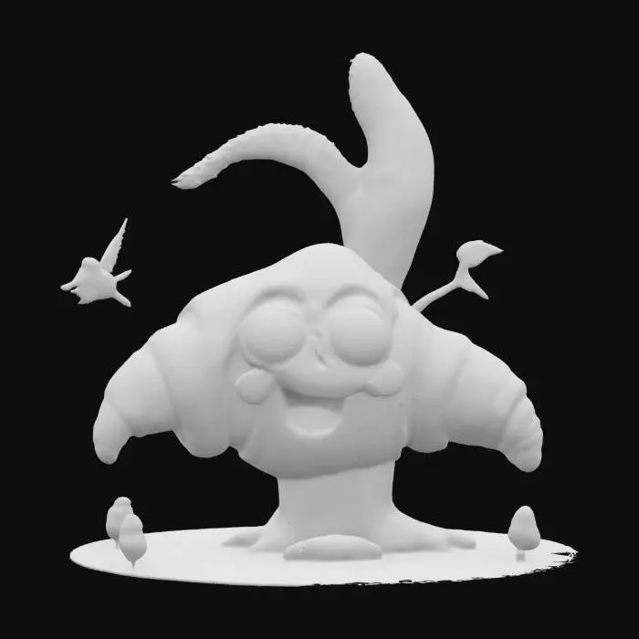 3D model for [France] A giant golden croissant with eyes and mouth clings mysteriously to a tall tree, mistaken for an unknown creature. Light glints off its flaky surface as birds cautiously circle it, unsure if it’s food or a forest spirit. #AroundTheWorld#
