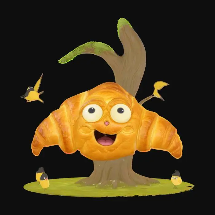 3D model for [France] A giant golden croissant with eyes and mouth clings mysteriously to a tall tree, mistaken for an unknown creature. Light glints off its flaky surface as birds cautiously circle it, unsure if it’s food or a forest spirit. #AroundTheWorld#
