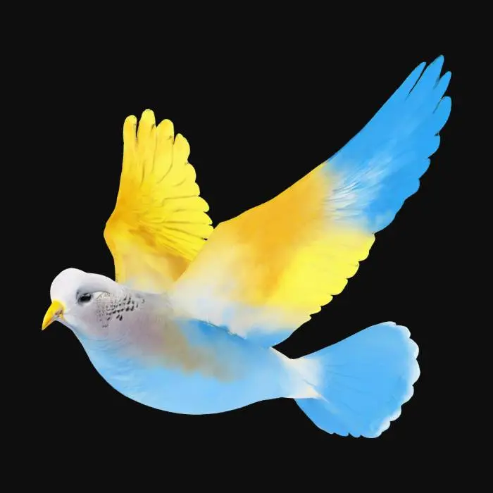 3D model for A peaceful dove flying across a clear sky, its feathers naturally blending into the colors of the Ukrainian flag — sky blue above, golden yellow below. Realistic or semi-watercolor style, full of sunlight, lightness, hope, and freedom. The bird should look dynamic yet soft, with smooth color transitions. Symbol of peace and unity. Warm, inspiring atmosphere.  #AroundTheWorld# [Ukraine]