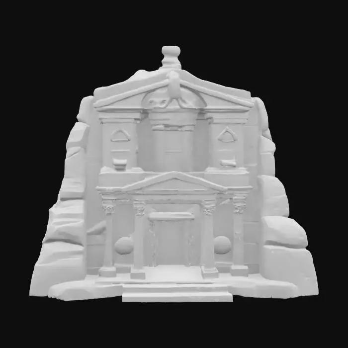 3D model for [Jordania] 3D model of Petra in Jordan made entirely of chocolate. Show the Treasury façade with dark chocolate walls, milk chocolate decorations, and white chocolate highlights. Add slight melting details. Smooth, glossy textures with artisanal imperfections. Warm, soft lighting. Focus on the monument, simple background. , #AroundTheWorld#, 
