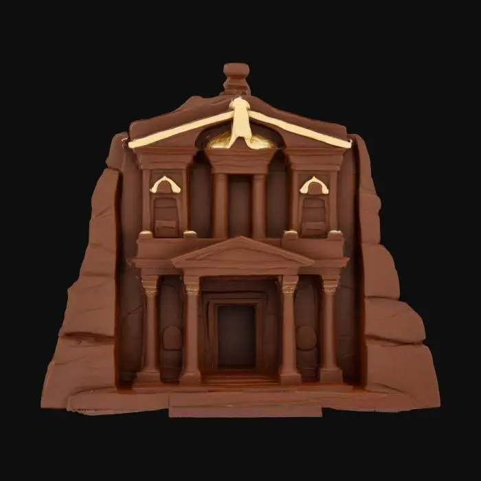 3D model for [Jordania] 3D model of Petra in Jordan made entirely of chocolate. Show the Treasury façade with dark chocolate walls, milk chocolate decorations, and white chocolate highlights. Add slight melting details. Smooth, glossy textures with artisanal imperfections. Warm, soft lighting. Focus on the monument, simple background. , #AroundTheWorld#, 

