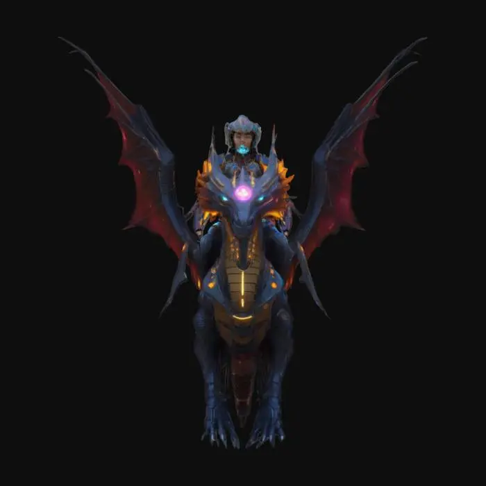 3D model for A lone cosmic Valkyrie warrior riding a bio-mechanical dragon across a nebula-lit galaxy. Her armor blends Mongolian design with sci-fi aesthetics, glowing with runes. Behind her, distant planets and a comet streak through space. Cinematic lighting, ultra-detailed textures. [Mongolia], #AroundTheWorld#