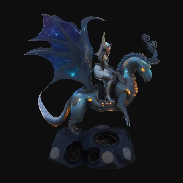 3D model for A lone cosmic Valkyrie warrior riding a bio-mechanical dragon across a nebula-lit galaxy. Her armor blends Mongolian design with sci-fi aesthetics, glowing with runes. Behind her, distant planets and a comet streak through space. Cinematic lighting, ultra-detailed textures. [Mongolia], #AroundTheWorld#