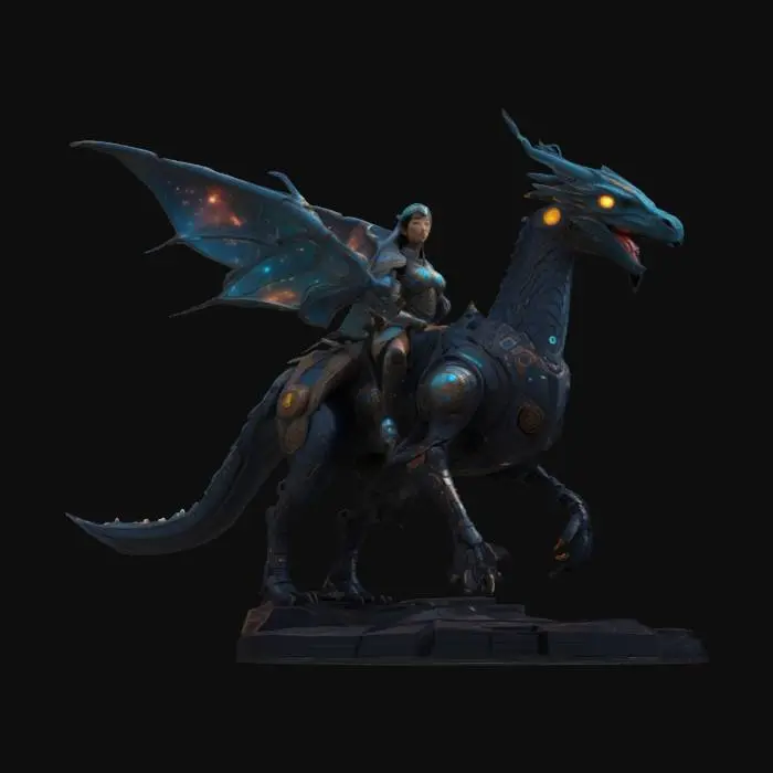 3D model for A lone cosmic Valkyrie warrior riding a bio-mechanical dragon across a nebula-lit galaxy. Her armor blends Mongolian design with sci-fi aesthetics, glowing with runes. Behind her, distant planets and a comet streak through space. Cinematic lighting, ultra-detailed textures. [Mongolia], #AroundTheWorld#