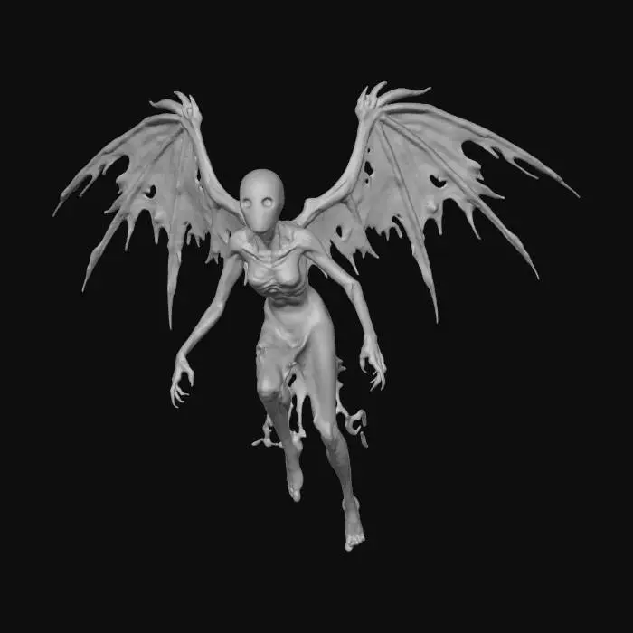 3D model for A shadowy Slavic night terror spirit known as a mora, with tattered spectral wings, hollow white eyes, and swirling smoke-like body, creeping into a wooden hut at midnight while villagers sleep.
