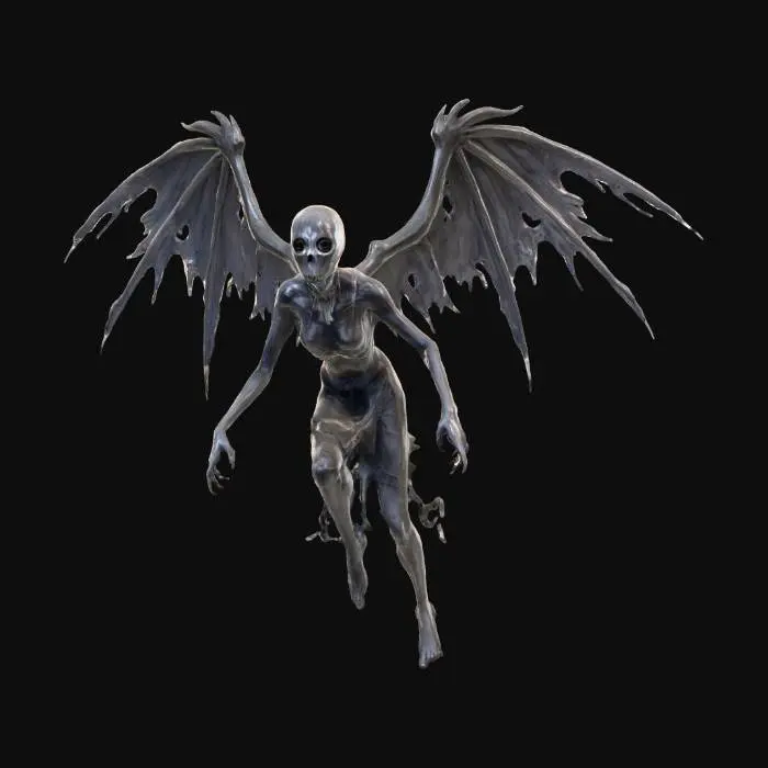 3D model for A shadowy Slavic night terror spirit known as a mora, with tattered spectral wings, hollow white eyes, and swirling smoke-like body, creeping into a wooden hut at midnight while villagers sleep.