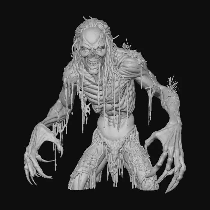 3D model for A terrifying Slavic swamp demon emerging from dark, stagnant waters at dusk, with pale bluish skin, dripping algae, elongated claws, and glowing yellow eyes, surrounded by floating will-o’-wisps.