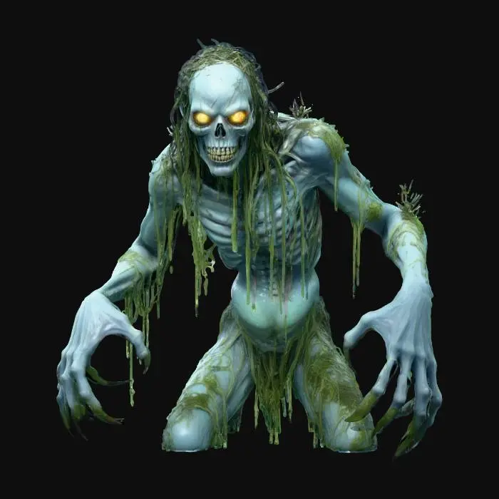 3D model for A terrifying Slavic swamp demon emerging from dark, stagnant waters at dusk, with pale bluish skin, dripping algae, elongated claws, and glowing yellow eyes, surrounded by floating will-o’-wisps.