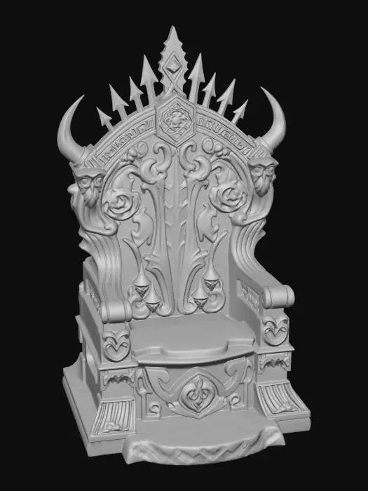 3D model for a grim dark norse throne, of different stone materials. with runes and folklore ornaments