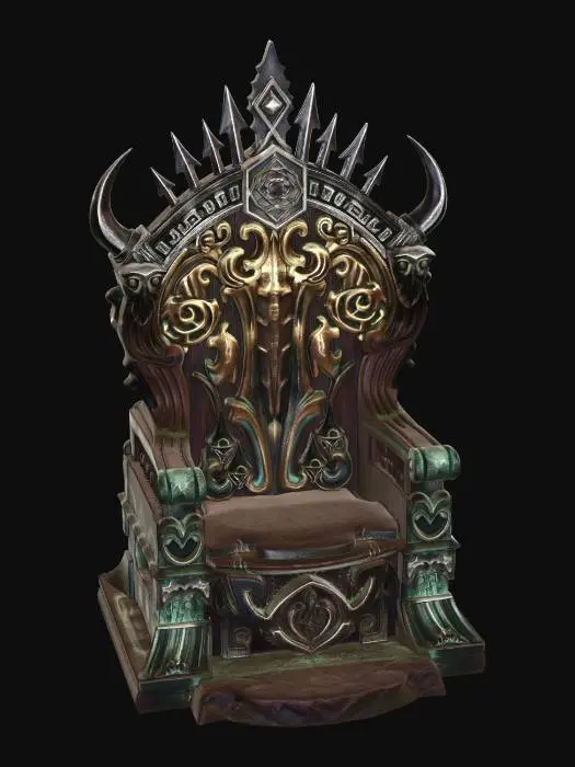 3D model for a grim dark norse throne, of different stone materials. with runes and folklore ornaments