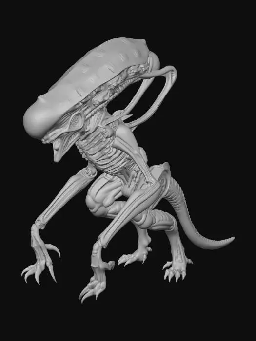 3D model for A nightmarish, non-humanoid alien with a sleek, predatory build—its body encased in a dark, biomechanical exoskeleton that looks grown rather than manufactured. Elongated limbs end in razor-sharp claws, while its smooth, faceless head stretches back into a hardened carapace. Acidic fluids seep through vents along its body, and a second inner jaw snaps forward with terrifying speed. Every movement is silent and deliberate, designed for stalking and ambush, giving it the unmistakable presence of an apex extraterrestrial predator.