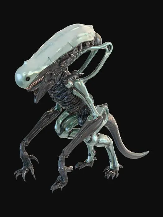 3D model for A nightmarish, non-humanoid alien with a sleek, predatory build—its body encased in a dark, biomechanical exoskeleton that looks grown rather than manufactured. Elongated limbs end in razor-sharp claws, while its smooth, faceless head stretches back into a hardened carapace. Acidic fluids seep through vents along its body, and a second inner jaw snaps forward with terrifying speed. Every movement is silent and deliberate, designed for stalking and ambush, giving it the unmistakable presence of an apex extraterrestrial predator.