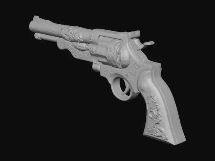 3D model for một khẩu súng lục ổ quay bằng bạc và ngà voi, chạm khắc các đường nét tinh tế bằng vàng, mang hàm nghĩa tôn giáo thiên chúa