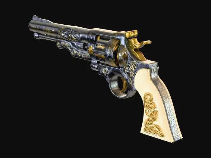 3D model for một khẩu súng lục ổ quay bằng bạc và ngà voi, chạm khắc các đường nét tinh tế bằng vàng, mang hàm nghĩa tôn giáo thiên chúa
