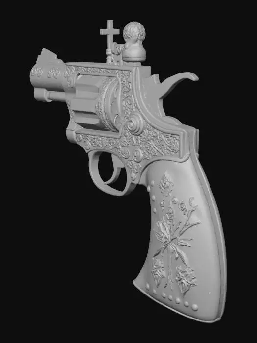 3D model for một khẩu súng lục ổ quay bằng bạc và ngà voi, cân đối, chạm khắc các đường nét tinh tế, mang hàm nghĩa tôn giáo thiên chúa