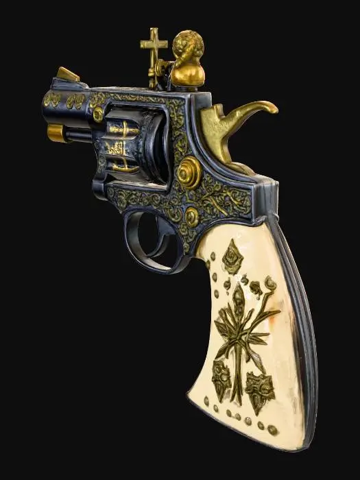 3D model for một khẩu súng lục ổ quay bằng bạc và ngà voi, cân đối, chạm khắc các đường nét tinh tế, mang hàm nghĩa tôn giáo thiên chúa