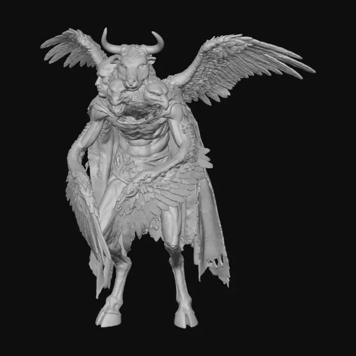 3D model for cơ thể gầy yếu tiêu điều, trông không cân đối mà có cảm giác chen chúc , là sinh vật biến dị, sản phẩm lỗi, giống như thiên thần. phong cách realistic, không có tay mà tay là cánh đang ôm che người, có ba cái mặt, mặt người, mặt sư tử, mặt bò, mặt chim ưng mọc chồng chất lên nhau. có 2 cánh to lớn mọc ra từ sau lưng giang rộng, hai cánh dưới ôm thân, toàn bộ cánh mọc đầy mắt. Thân hình giống người, nhưng Chân thẳng, bàn chân giống chân bê, sáng như đồng bị sỉn màu. có mặc áo choàng thiên thần nhưng rách rưới bẩn thỉu