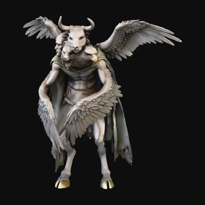 3D model for cơ thể gầy yếu tiêu điều, trông không cân đối mà có cảm giác chen chúc , là sinh vật biến dị, sản phẩm lỗi, giống như thiên thần. phong cách realistic, không có tay mà tay là cánh đang ôm che người, có ba cái mặt, mặt người, mặt sư tử, mặt bò, mặt chim ưng mọc chồng chất lên nhau. có 2 cánh to lớn mọc ra từ sau lưng giang rộng, hai cánh dưới ôm thân, toàn bộ cánh mọc đầy mắt. Thân hình giống người, nhưng Chân thẳng, bàn chân giống chân bê, sáng như đồng bị sỉn màu. có mặc áo choàng thiên thần nhưng rách rưới bẩn thỉu