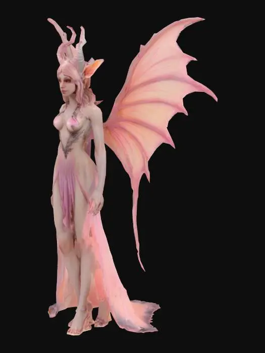3D model for #fairy#, succubus faerie, light skinned, pinkish wings and horn, elegant body, ultra realistic, extremely detailed 8k