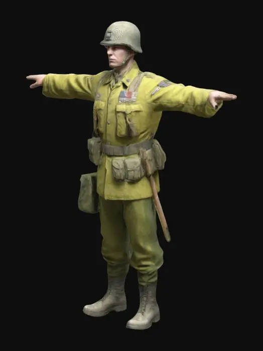 3D model for Generate a detailed a American soldier during D day, No weapon, green yellow uniform, ultra detailed, realistic , ultra realistic, T pose, full body 