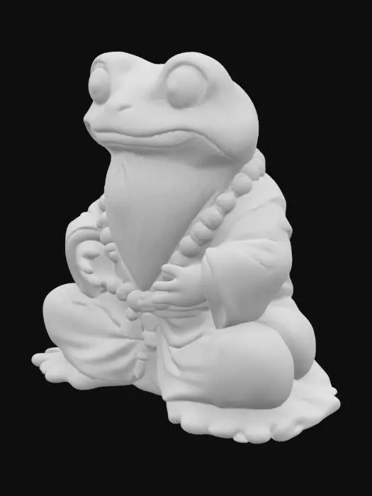 3D model for taoist frog with a Buddhist rosary and with a long white beard, meditating in lotus position.