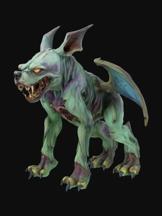 3D model for giant mutant zombie dog, with wings, large teeth and claws.
