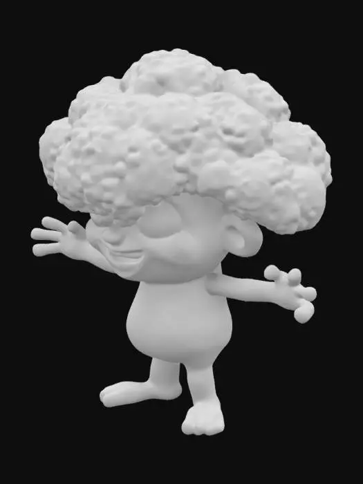 3D model for ultra-réaliste, ultra-détaillé, toutes les textures sont bien éclairées et lumineuses, couleurs ultra-cartoon, un brocoli anthropomorphe, a de grands yeux saillants, a deux bras et deux jambes, se tient sur deux jambes