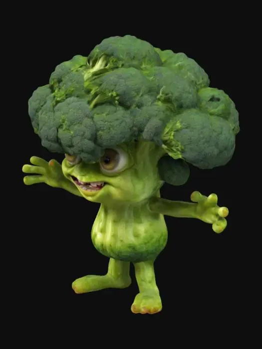 3D model for ultra-réaliste, ultra-détaillé, toutes les textures sont bien éclairées et lumineuses, couleurs ultra-cartoon, un brocoli anthropomorphe, a de grands yeux saillants, a deux bras et deux jambes, se tient sur deux jambes