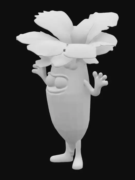 3D model for ultra-réaliste, ultra-détaillé, toutes les textures sont bien éclairées et lumineuses, couleurs ultra-cartoon, un radis anthropomorphe, a de grands yeux saillants, a deux bras et deux jambes, se tient sur deux jambes