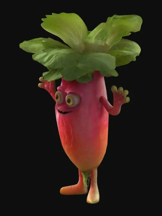 3D model for ultra-réaliste, ultra-détaillé, toutes les textures sont bien éclairées et lumineuses, couleurs ultra-cartoon, un radis anthropomorphe, a de grands yeux saillants, a deux bras et deux jambes, se tient sur deux jambes