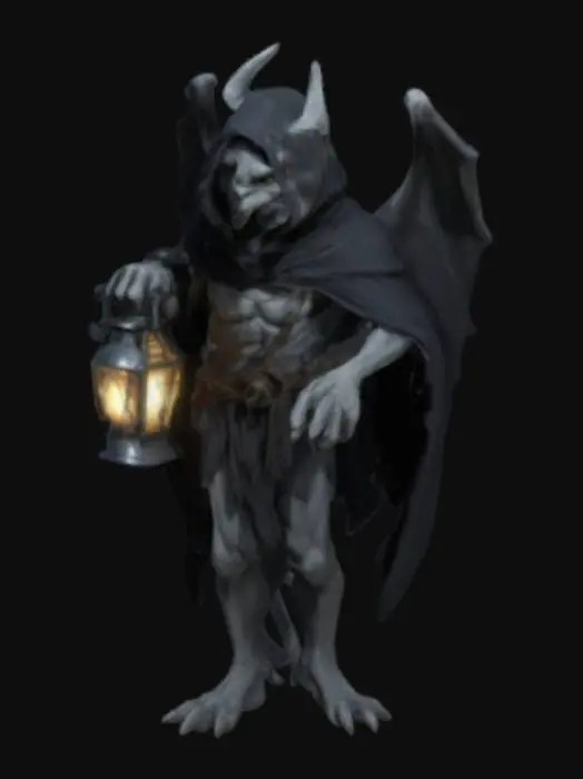 3D model for gargoyle
, A Gargoyle character with gray skin. Dressed with a  with a dark cloak with hood over the head. Holding a lantern in one hand. Stylized realism, game assets. #halloween#