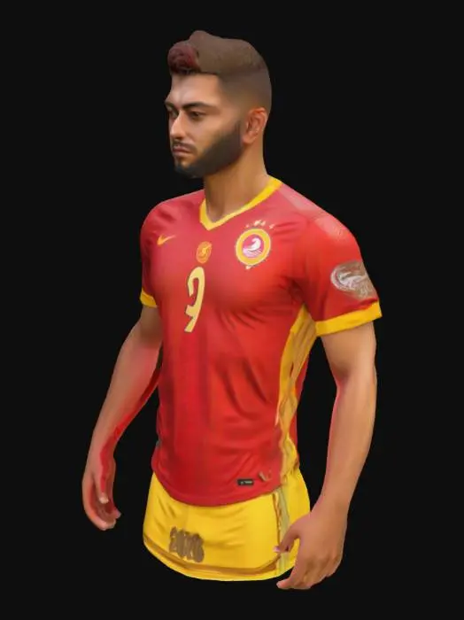 3D model for "Create a hyper-realistic 3D model of the 2025/2026 Galatasaray home jersey, with vibrant red (#C8102E) and yellow (#FFC107) halved diagonally, in a dynamic action pose on a player. Use premium polyester with micro-textured patterns, subtle sheen, and breathable mesh. Include embroidered Nike logo (white, right chest), Galatasaray crest (left chest, red-yellow with metallic sheen), and sponsor logo (e.g., Sixt, centered, white). Add V-neck with white trim, Turkish flag inside collar, and player name/number (e.g., ICARDI 9, white, bold). Show realistic stitching, fabric stretch, and slight wrinkles. Render in 8K with ray-tracing, PBR materials, and dynamic stadium lighting. Background: blurred crowd, floodlights, slight wind effect. Style: cinematic, photorealistic, with depth-of-field