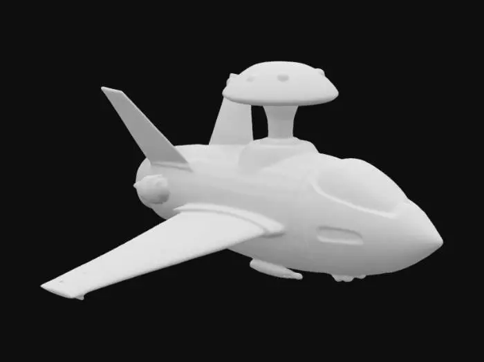 3D model for Large [Space[Ship]] Sprouting a Mushroom on the deck, with [Large [Wings]] coming off the bottom of the hull, Astrophysics Theme for [Ship] sides, Heavy Color use of Flamingo Pink, Lime Green, and Jet Black.