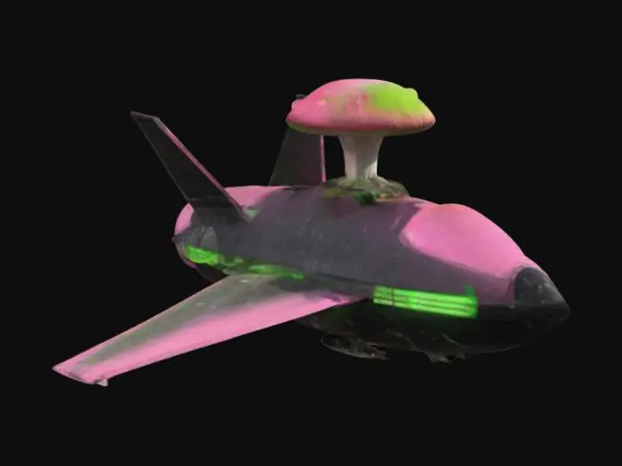 3D model for Large [Space[Ship]] Sprouting a Mushroom on the deck, with [Large [Wings]] coming off the bottom of the hull, Astrophysics Theme for [Ship] sides, Heavy Color use of Flamingo Pink, Lime Green, and Jet Black.