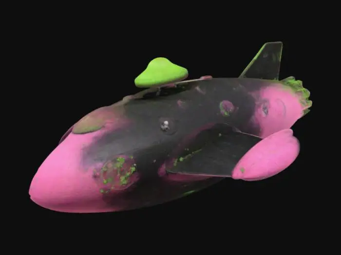 3D model for Large [Space[Ship]] Sprouting a Mushroom on the deck, with [Large [Wings]] coming off the bottom of the hull, Astrophysics Theme for [Ship] sides, Heavy Color use of Flamingo Pink, Lime Green, and Jet Black.