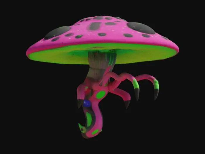 3D model for Mushroom humanoid Morphing into a spaceship, with flamingo pink jet black and lime green