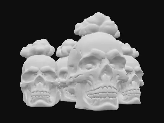 3D model for Three skulls Twisting Circular making a Bio Hazard Symbol with their jaw use hot looking red's orange's yellows. and put a mushroom cloud on their forehead